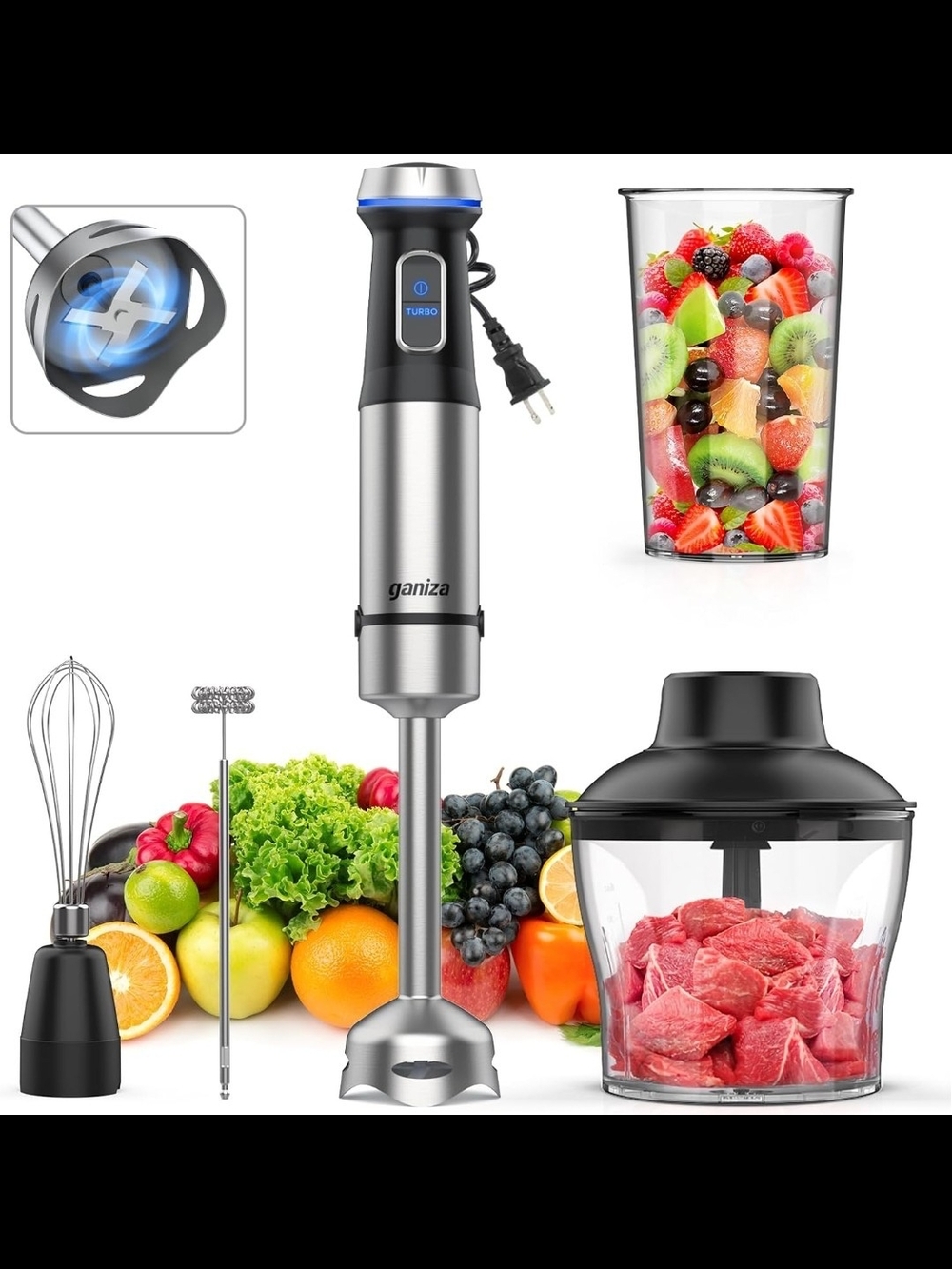 Ganiza 5-in-1 Immersion Hand Blender 1000W 16-Speed Chopper Whisk Frother